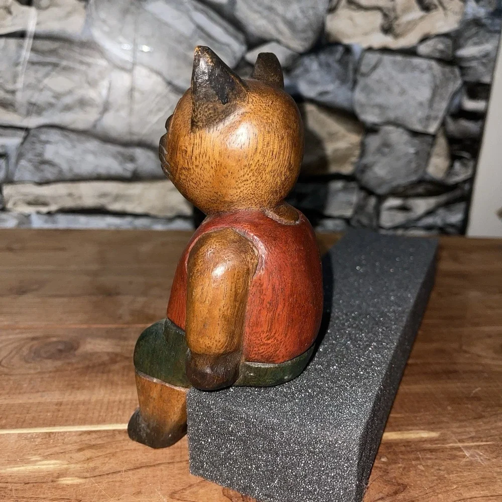 Hand Carved Wooden Cat Figurine Folk Art Vintage Shelf Sitter Hand Painted